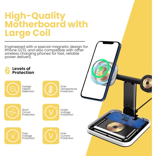 15W magnetic wireless charger, three-in-one wireless charger, foldable wireless charger, mobile phone holder fast charging, compatible with iPhone,