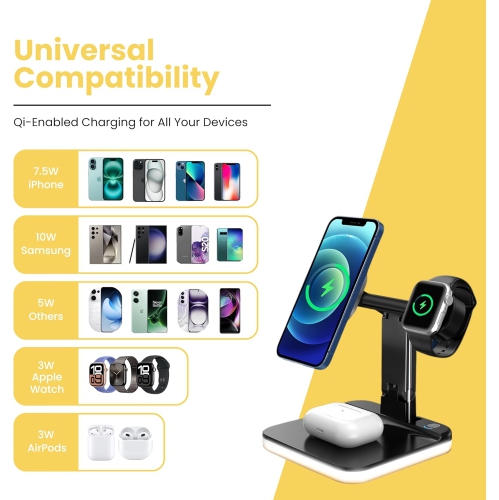 15W magnetic wireless charger, three-in-one wireless charger, foldable wireless charger, mobile phone holder fast charging, compatible with iPhone,