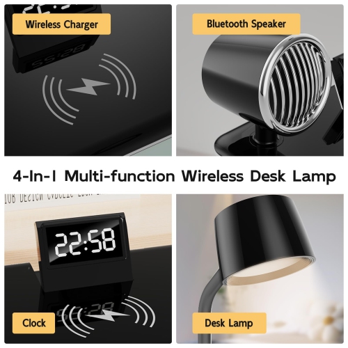 LED Desk Lamps for Home Office, Wireless Charger Small Desk Lamp with Bluetooth, Touch lamps for nightstand, Reading Night Light with Clock