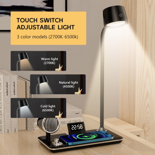 LED Desk Lamps for Home Office, Wireless Charger Small Desk Lamp with Bluetooth, Touch lamps for nightstand, Reading Night Light with Clock