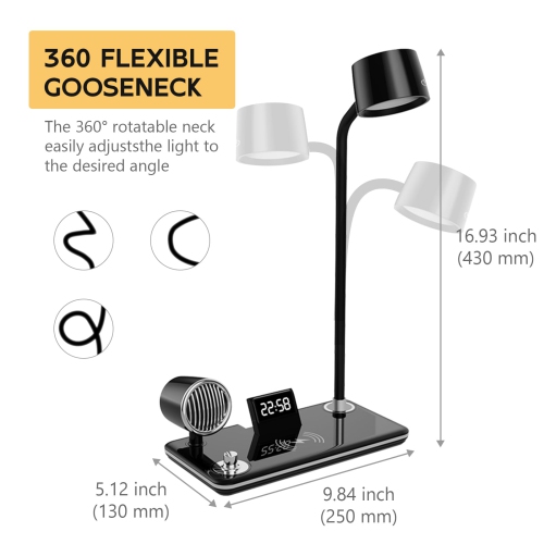 LED Desk Lamps for Home Office, Wireless Charger Small Desk Lamp with Bluetooth, Touch lamps for nightstand, Reading Night Light with Clock