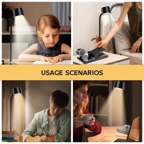 LED Desk Lamps for Home Office, Wireless Charger Small Desk Lamp with Bluetooth, Touch lamps for nightstand, Reading Night Light with Clock