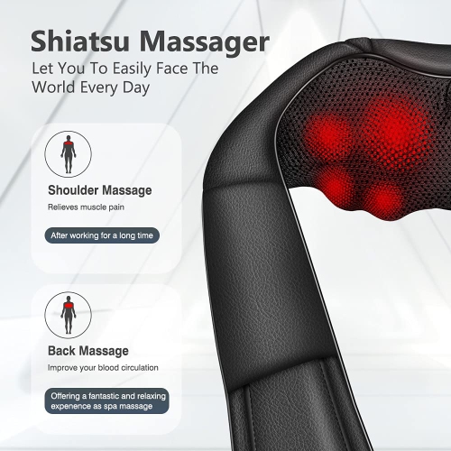 Neck Massager with Heat Shiatsu Massager for Neck Back Shoulder Deep Tissue Kneading Massager for Relax Muscles