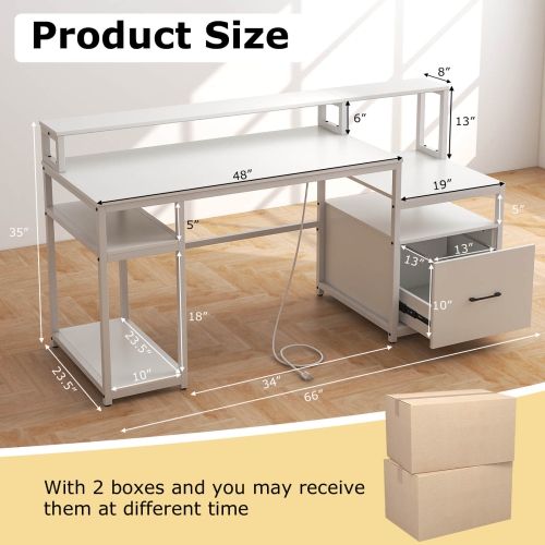 Costway 66" Computer Workstation with Monitor Stand CPU Stand Printer Shelf & File Drawer