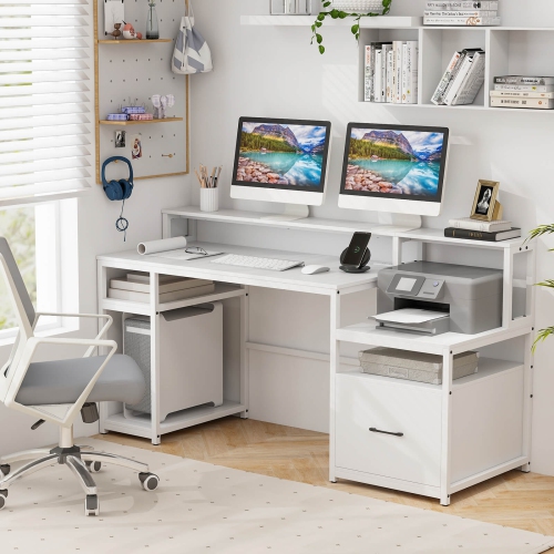Costway 66" Computer Workstation with Monitor Stand CPU Stand Printer Shelf & File Drawer