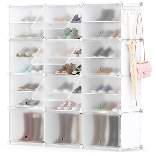 Costway Portable Shoe Rack Organizer 12-Cube 48 Pair Shoe Shelf Storage Cabinet with Hook White/Black