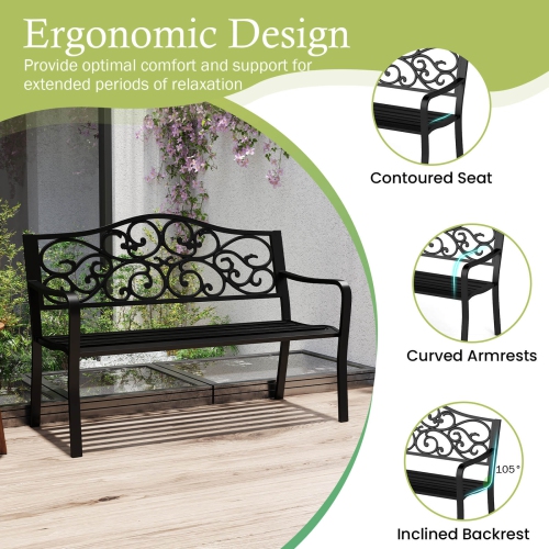 Costway 50" Porch Bench with Ergonomic Backrest & Armrests Floral Patterns Curved