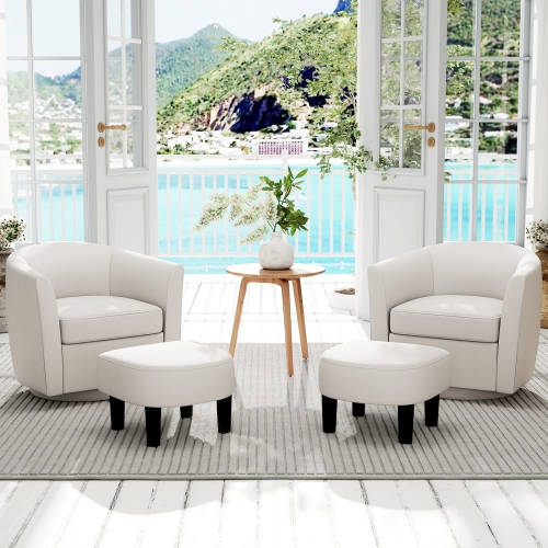 Fauteuil-baril pivotant de Costway avec repose-pieds, dossier incurvé et accoudoirs Salon Blanc crémeux/Gris/Brun