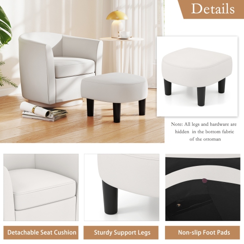 Fauteuil-baril pivotant de Costway avec repose-pieds, dossier incurvé et accoudoirs Salon Blanc crémeux/Gris/Brun