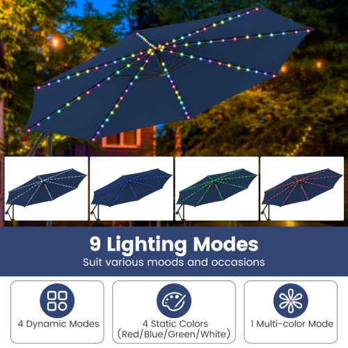 Costway 10 FT Solar Offset Hanging Umbrella with 96 Solar Multi-colored Flowing LED Lights Beige/Coffee/Gray/Navy/Red/Turquoise