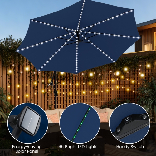Costway 10 FT Solar Offset Hanging Umbrella with 96 Solar Multi-colored Flowing LED Lights Beige/Coffee/Gray/Navy/Red/Turquoise