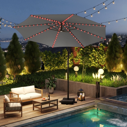 Costway 10 FT Solar Offset Hanging Umbrella with 96 Solar Multi-colored Flowing LED Lights Beige/Coffee/Gray/Navy/Red/Turquoise