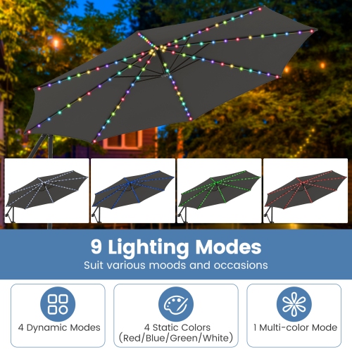 Costway 10 FT Solar Offset Hanging Umbrella with 96 Solar Multi-colored Flowing LED Lights Beige/Coffee/Gray/Navy/Red/Turquoise