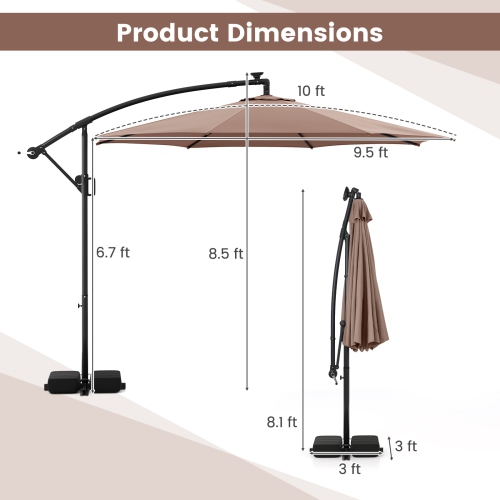 Parasol suspendu solaire décalé 10 pi de Costway avec 96 LED lumières solaires flottantes multicolores beige/café/gris/marine/rouge/turquoise