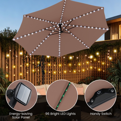 Parasol suspendu solaire décalé 10 pi de Costway avec 96 LED lumières solaires flottantes multicolores beige/café/gris/marine/rouge/turquoise