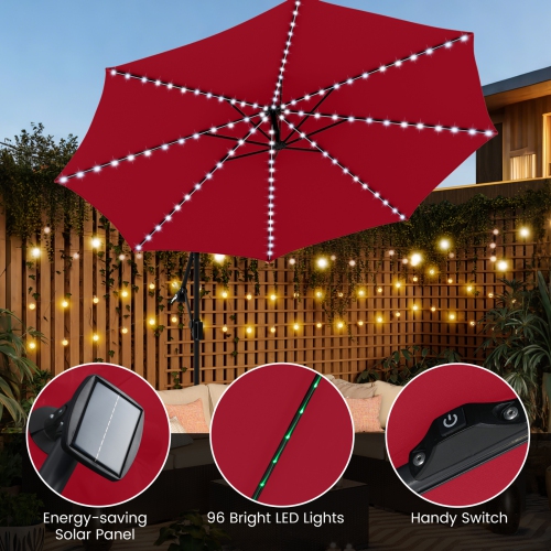 Costway 10 FT Solar Offset Hanging Umbrella with 96 Solar Multi-colored Flowing LED Lights Beige/Coffee/Gray/Navy/Red/Turquoise