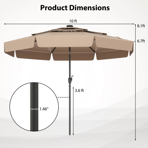Costway 10 FT Solar Patio Umbrella with 32 LED Lights 3-Tier Vented Top & Ruffles Red/Brown/Blue/Beige/Gray