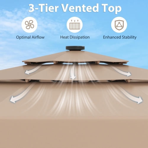 Costway 10 FT Solar Patio Umbrella with 32 LED Lights 3-Tier Vented Top & Ruffles Red/Brown/Blue/Beige/Gray