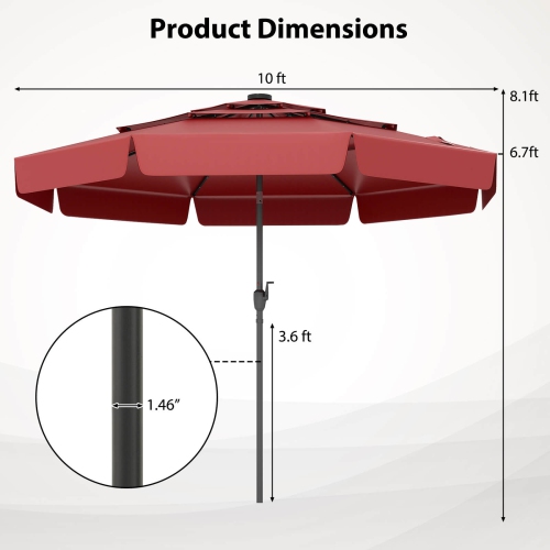 Costway 10 FT Solar Patio Umbrella with 32 LED Lights 3-Tier Vented Top & Ruffles Red/Brown/Blue/Beige/Gray