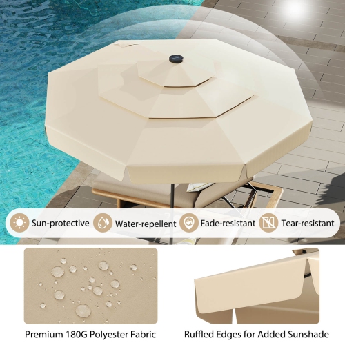 Parasol patio solaire de 10 pi de Costway, 32 lumières LED, dessus aéré à 3 niveaux et volants rouge/brun/bleu/beige/gris