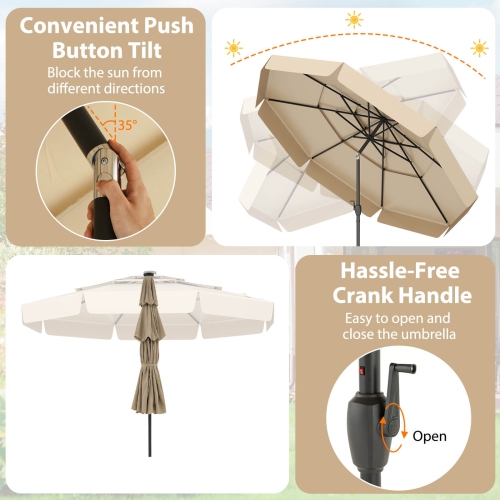 Parasol patio solaire de 10 pi de Costway, 32 lumières LED, dessus aéré à 3 niveaux et volants rouge/brun/bleu/beige/gris