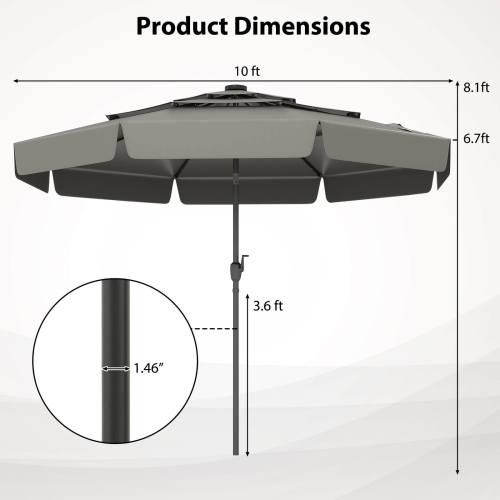 Costway 10 FT Solar Patio Umbrella with 32 LED Lights 3-Tier Vented Top & Ruffles Red/Brown/Blue/Beige/Gray