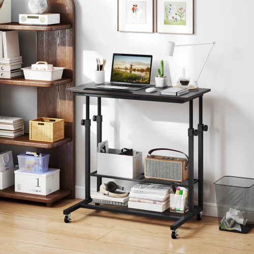 Costway Mobile Stand up Desk with Tilting Tabletop Storage Shelves Wheels for Living Room Gray/Brown