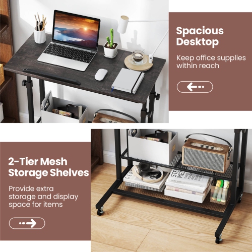 Costway Mobile Stand up Desk with Tilting Tabletop Storage Shelves Wheels for Living Room Gray/Brown
