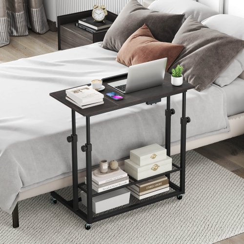 Costway Mobile Stand up Desk with Tilting Tabletop Storage Shelves Wheels for Living Room Gray/Brown