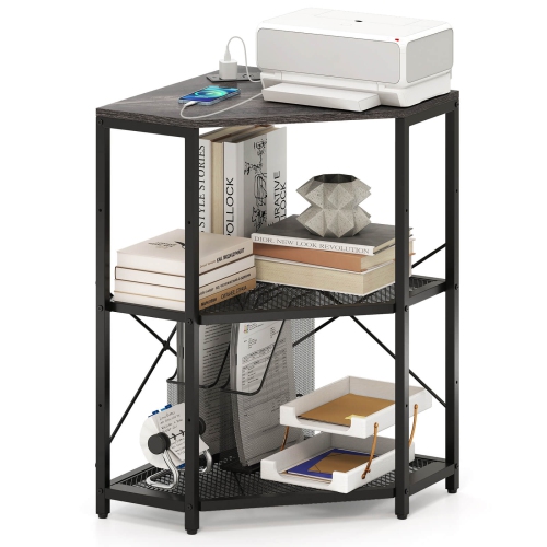 Costway Corner Printer Stand with Charging Station Adjustable Metal Mesh Shelf Black/Brown/White