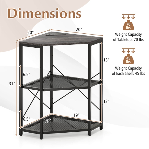 Costway Corner Printer Stand with Charging Station Adjustable Metal Mesh Shelf Black/Brown/White