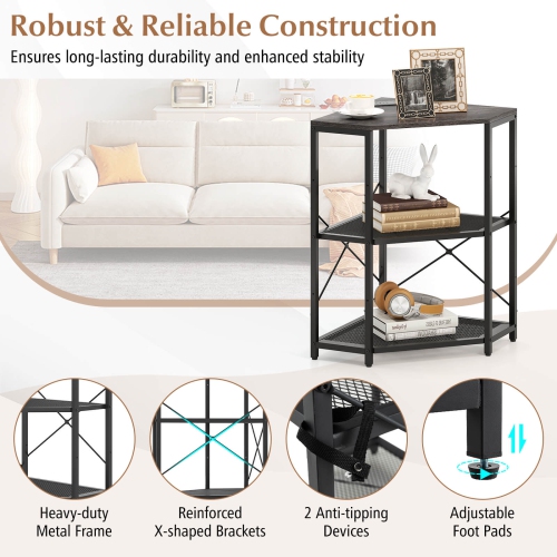 Costway Corner Printer Stand with Charging Station Adjustable Metal Mesh Shelf Black/Brown/White