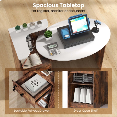 Costway Reception Desk with Lockable Drawer & Adjustable Shelf Oval Tabletop for Store White/Black