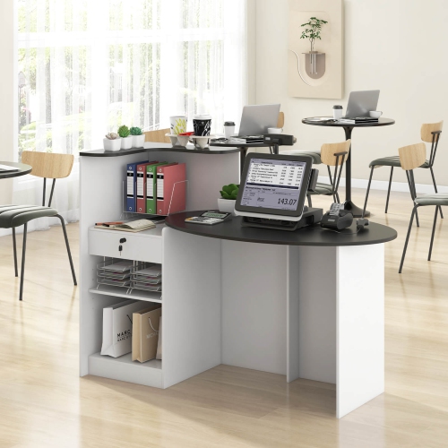 Costway Reception Desk with Lockable Drawer & Adjustable Shelf Oval Tabletop for Store White/Black
