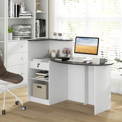 Costway Reception Desk with Lockable Drawer & Adjustable Shelf Oval Tabletop for Store White/Black