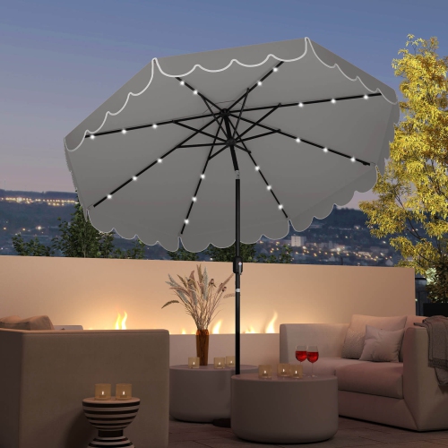 Costway 9.3 FT Solar Patio Umbrella Outdoor Market Sunshade with 24 LED Lights, Ruffles Gray