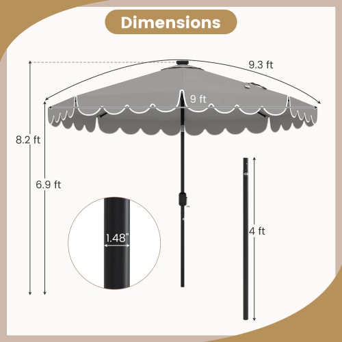 Costway 9.3 FT Solar Patio Umbrella Outdoor Market Sunshade with 24 LED Lights, Ruffles Gray