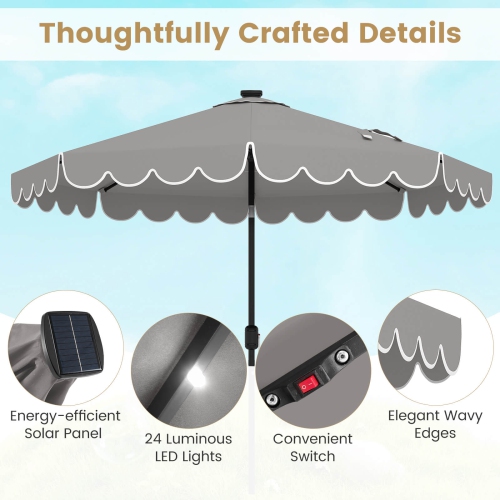 Costway 9.3 FT Solar Patio Umbrella Outdoor Market Sunshade with 24 LED Lights, Ruffles Gray