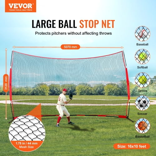 VEVOR 16x10 ft Barricade Backstop Net, Ball Sports Barrier Netting, Portable Practice Equipment with Carry Bag, Protection Screen for Baseball