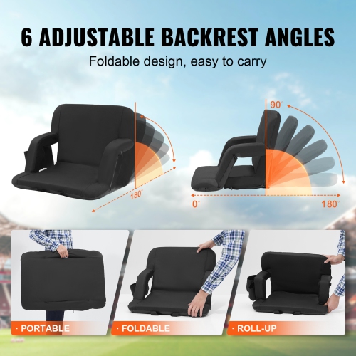 VEVOR 2 Set Stadium Seat with Back Support, Wide Bleacher Seat Backs, Folding Padded Cushion Stadium Chair, Portable Reclining Chairs with Hook