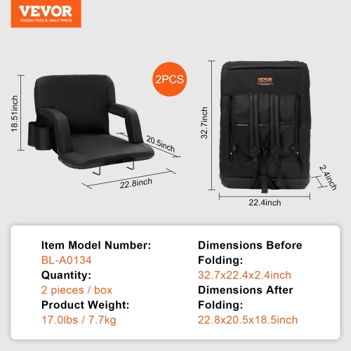 VEVOR 2 Set Stadium Seat with Back Support, Wide Bleacher Seat Backs, Folding Padded Cushion Stadium Chair, Portable Reclining Chairs with Hook