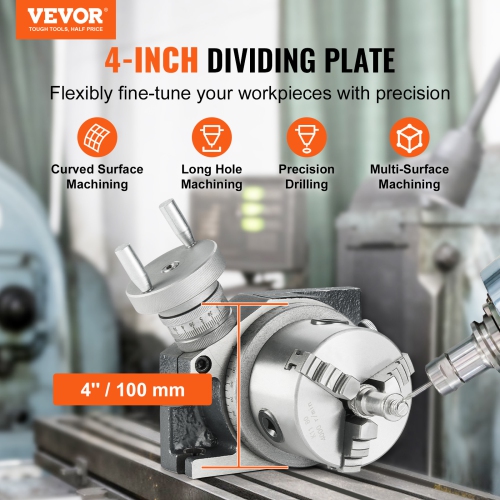 VEVOR 4''/100 mm Milling Machine Rotary Table, Versatile Horizontal & Vertical Design, Precision Crafted, Includes 3.1''/80 mm 3-Jaw Chuck, M10