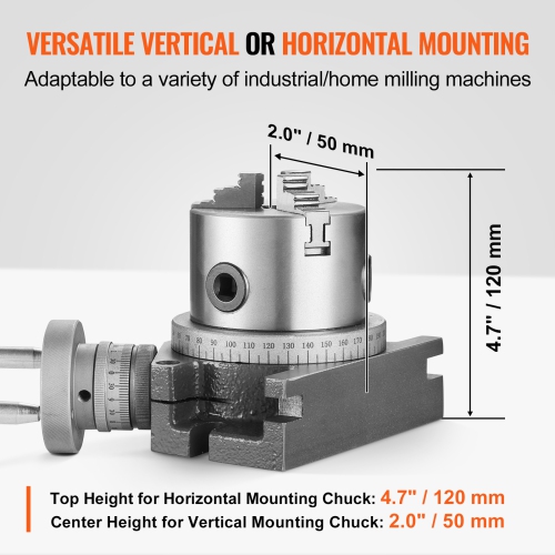 VEVOR 4''/100 mm Milling Machine Rotary Table, Versatile Horizontal & Vertical Design, Precision Crafted, Includes 3.1''/80 mm 3-Jaw Chuck, M10