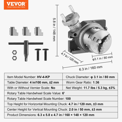 VEVOR 4''/100 mm Milling Machine Rotary Table, Versatile Horizontal & Vertical Design, Precision Crafted, Includes 3.1''/80 mm 3-Jaw Chuck, M10
