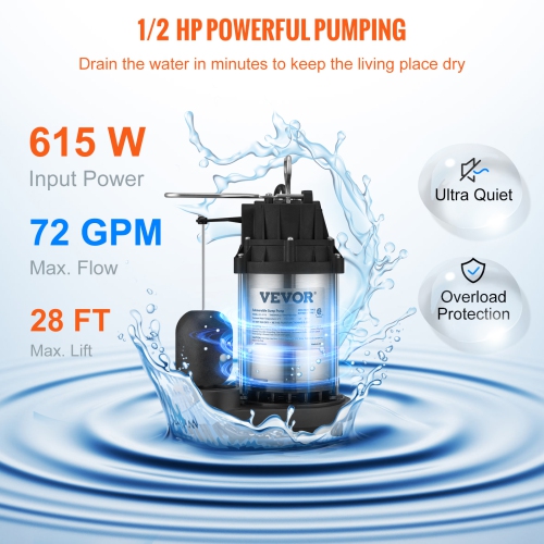 VEVOR 1/2 HP 3960 GPH Sump Pump, Submersible Stainless Steel Water Pump, 1-1/2" NPT Discharge With 33 ft Cord, Automatic Float Switch with Piggy-back