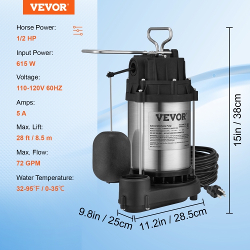 VEVOR 1/2 HP 3960 GPH Sump Pump, Submersible Stainless Steel Water Pump, 1-1/2" NPT Discharge With 33 ft Cord, Automatic Float Switch with Piggy-back