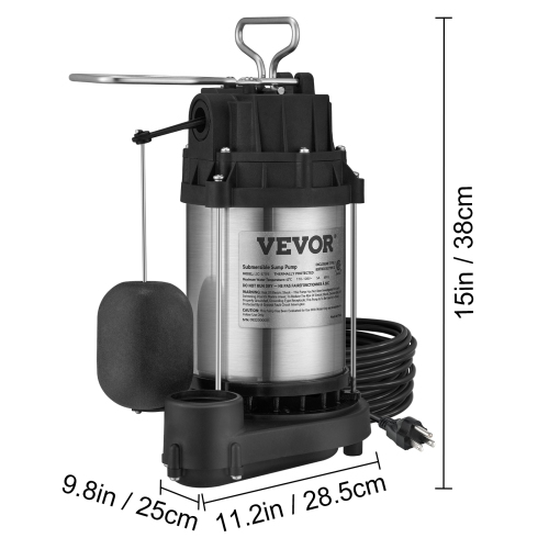 VEVOR 1/2 HP 3960 GPH Sump Pump, Submersible Stainless Steel Water Pump, 1-1/2" NPT Discharge With 33 ft Cord, Automatic Float Switch with Piggy-back