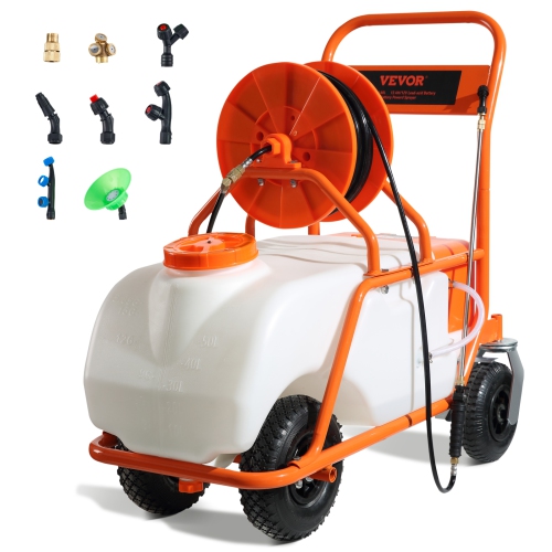 VEVOR 0-90 PSI Battery Powered Lawn Sprayer on Wheel, Adjustable Pressure, 15 Gallon Tank, Cart Sprayer with 8 Nozzles and 2 Wands, 12V 12Ah Battery,