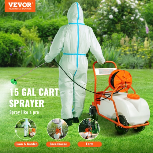 VEVOR 0-90 PSI Battery Powered Lawn Sprayer on Wheel, Adjustable Pressure, 15 Gallon Tank, Cart Sprayer with 8 Nozzles and 2 Wands, 12V 12Ah Battery,