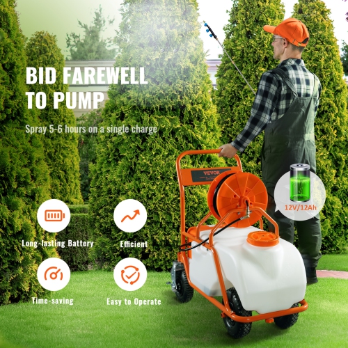 VEVOR 0-90 PSI Battery Powered Lawn Sprayer on Wheel, Adjustable Pressure, 15 Gallon Tank, Cart Sprayer with 8 Nozzles and 2 Wands, 12V 12Ah Battery,